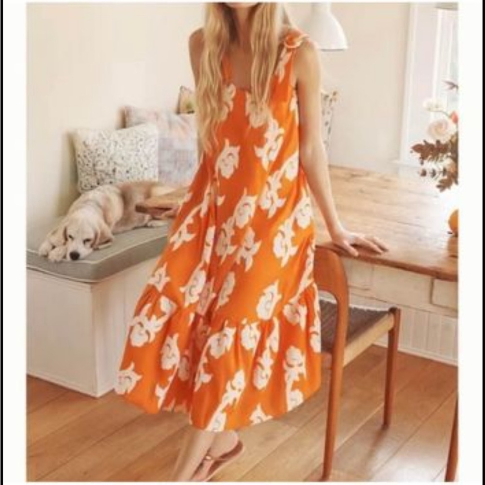 Anthropologie Orange Floral Midi Dress